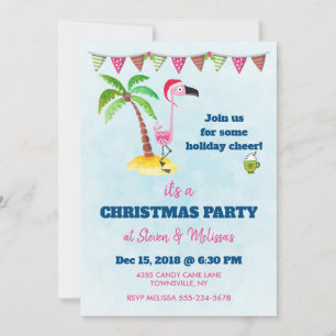 Invitation Flamant rose avec chapeau de Père Noël rouge à la 