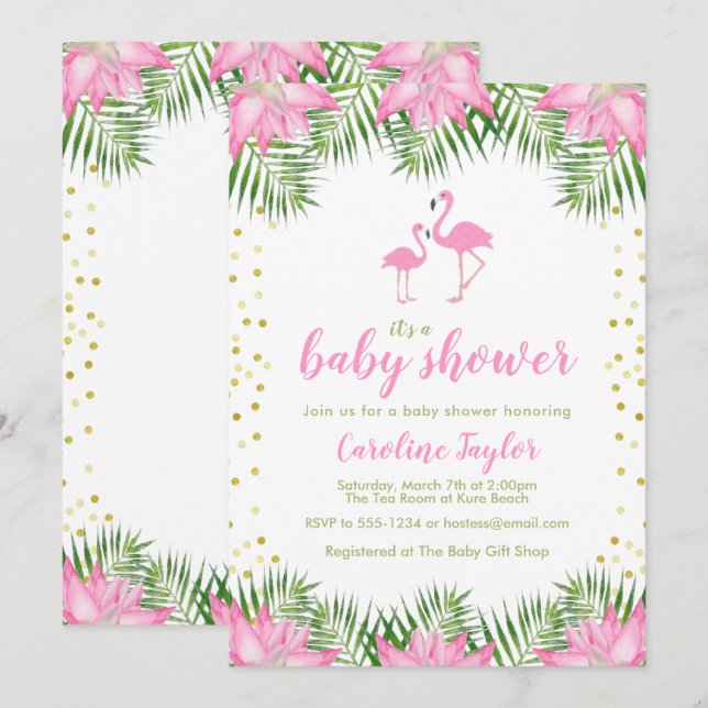 Invitation Flamant rose Baby shower (Devant / Derrière)