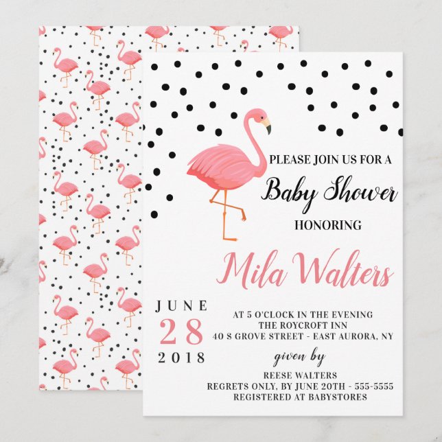 Invitation Flamant rose Baby shower (Devant / Derrière)