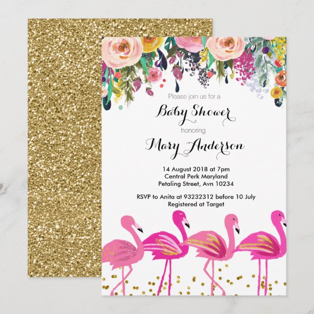 Invitation Flamant rose Baby shower rose (Devant / Derrière)