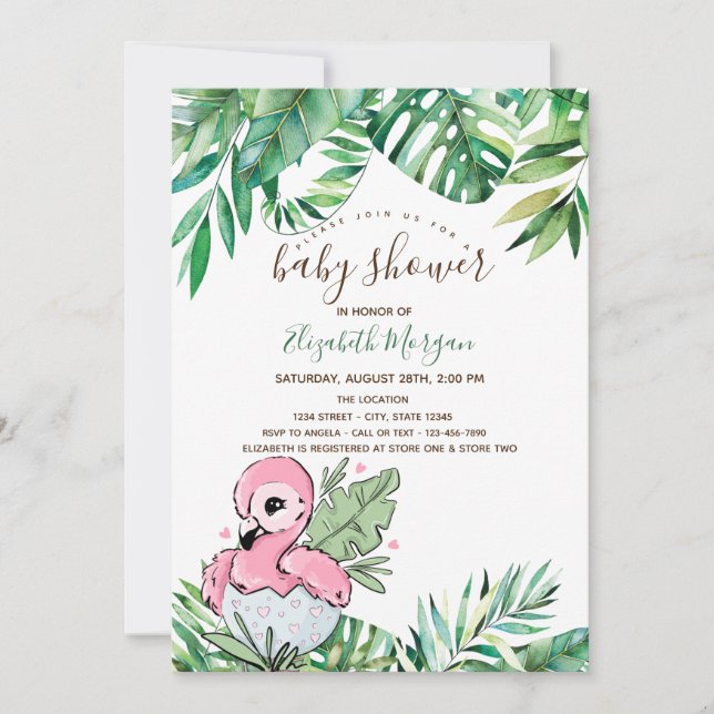 Invitation Flamant rose bébé Baby shower Feuille tropical (Devant)