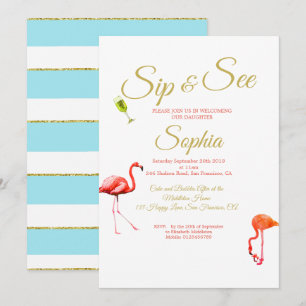 Invitation Flamant rose Bébé Bleu Bleu Stripe et voir