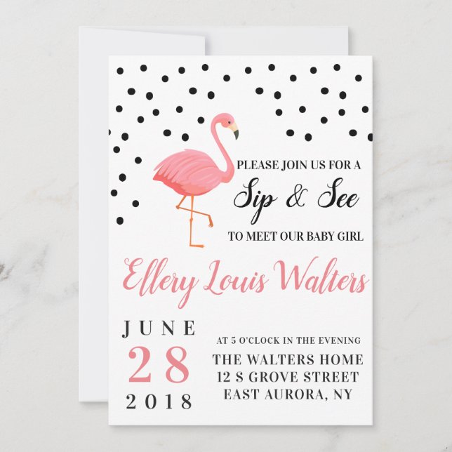 Invitation Flamant rose bébé fille Sip et voir l'invitation (Devant)