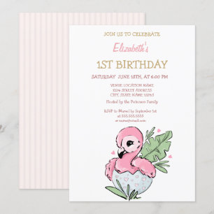 Invitation Flamant rose bébé mignon rayé Anniversaire