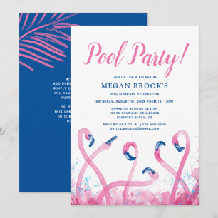 Invitation Flamant rose bleu tropical rose 18e piscine Annive