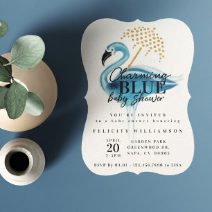 Invitation Flamant rose Charme dans Baby shower bleu Invitati