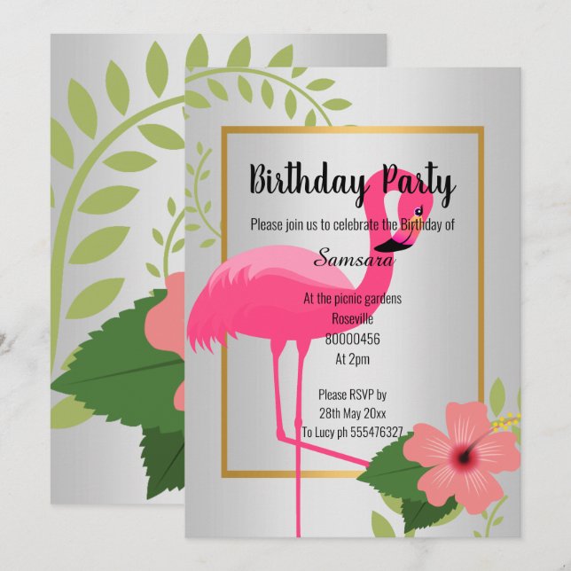INVITATION FLAMANT ROSE CLAIR HIBISCUS ARGENT OR ANNIVERSAIRE (Devant / Derrière)