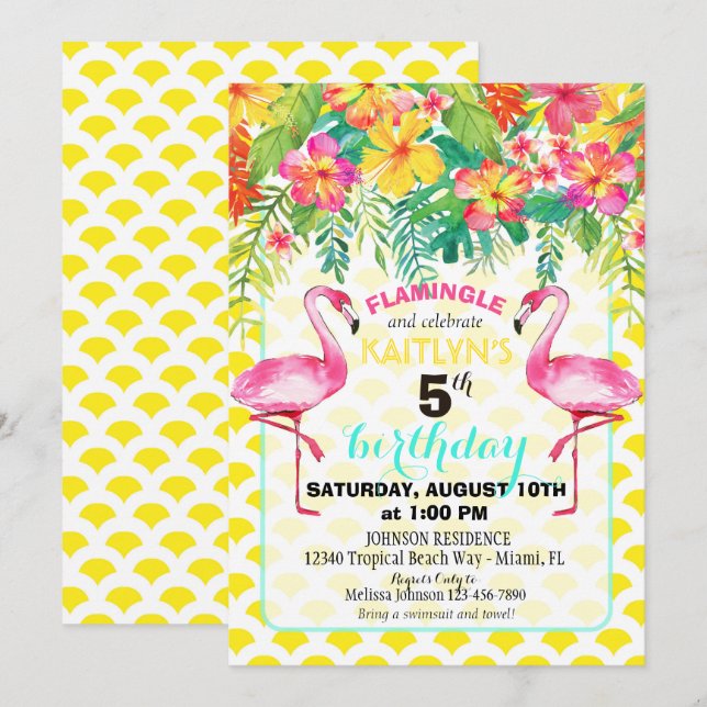 Invitation Flamant rose d'aquarelle et anniversaire floral (Devant / Derrière)