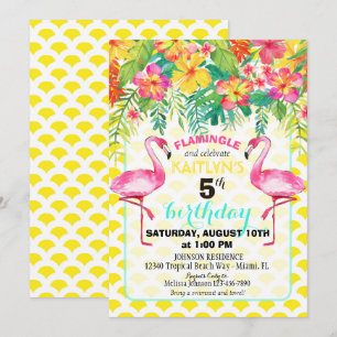 Invitation Flamant rose d'aquarelle et anniversaire floral