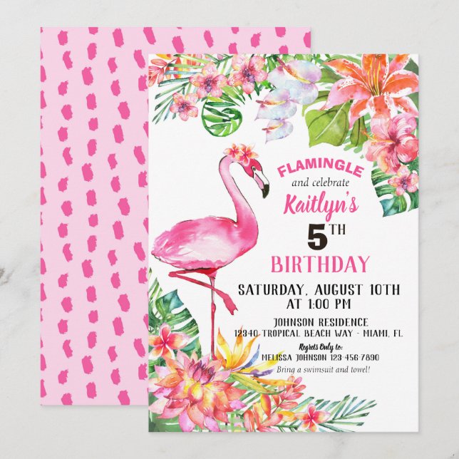 Invitation Flamant rose d'aquarelle et anniversaire tropical  (Devant / Derrière)