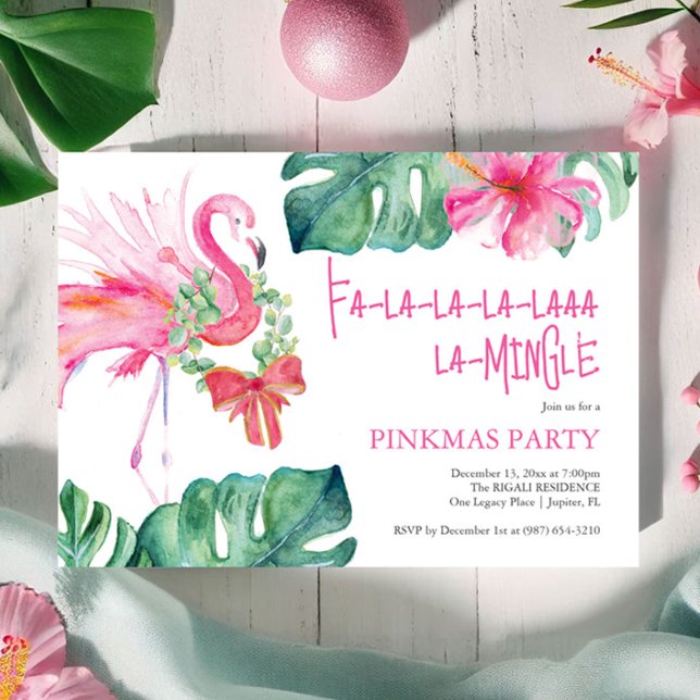 Invitation Flamant rose d'aquarelle Tropical Christmas Party (Christmas invitations watercolor pink flamingo tropical art by Victoria Grigaliunas Do Tell A Belle)