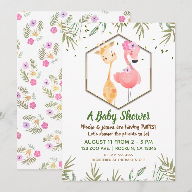 Invitation Flamant rose d'aquarelle tropicale et Baby shower  (Devant / Derrière)