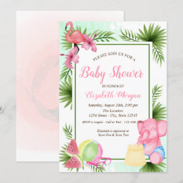 Invitation Flamant rose de fleurs tropicales, Baby shower élé