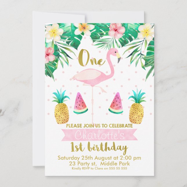 Invitation Flamant rose de fruits tropicaux 1er anniversaire  (Devant)