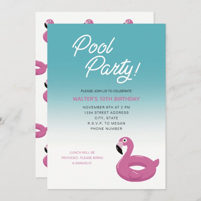 Invitation Flamant rose de la fête du pool (Devant / Derrière)