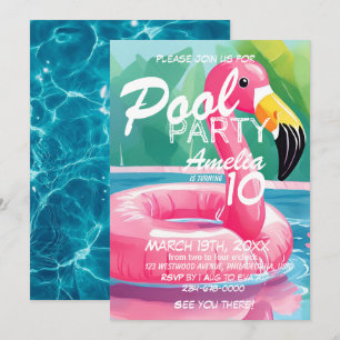 Invitation Flamant rose d'été Pool Party Fille 10e anniversai