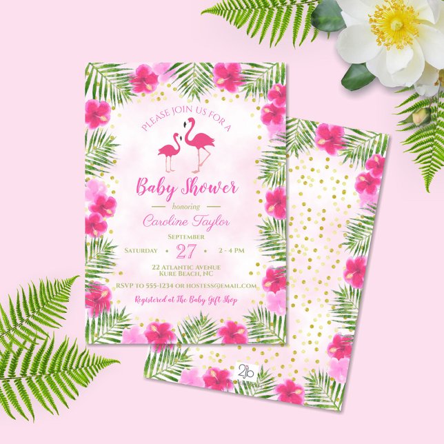 Invitation Flamant rose d'or rose tropicale Baby shower flora (Créateur téléchargé)