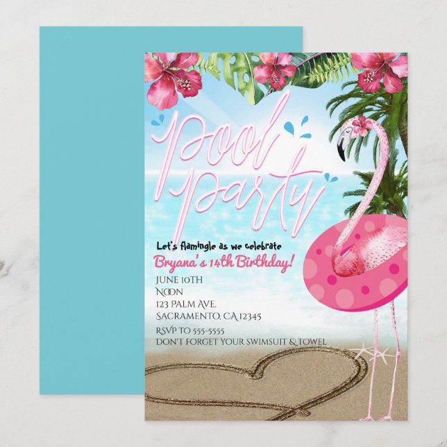 Invitation Flamant rose Été Anniversaire PISCINE FÊTE Invitat (Devant / Derrière)