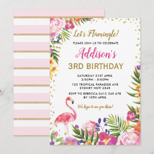 Invitation Flamant rose Fête d'anniversaire Tropical été Flor