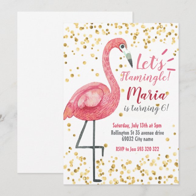 Invitation Flamant rose Fête Tropicale Anniversaire Flamingle (Devant / Derrière)