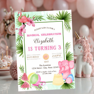 Invitation Flamant rose,Feuilles tropicales, Anniversaire d'é