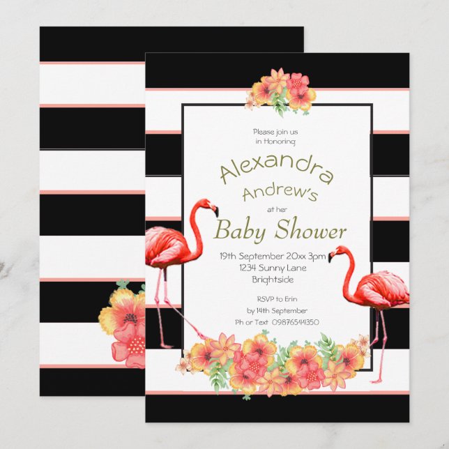 Invitation Flamant rose Fleurs tropicales Baby shower à bande (Devant / Derrière)