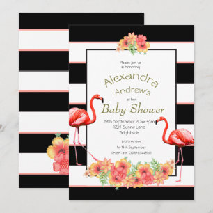 Invitation Flamant rose Fleurs tropicales Baby shower à bande