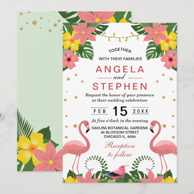 Invitation Flamant rose floral tropical Mariage d'été (Devant / Derrière)