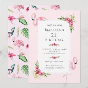 Invitation Flamant rose floral tropical moderne fête d'annive