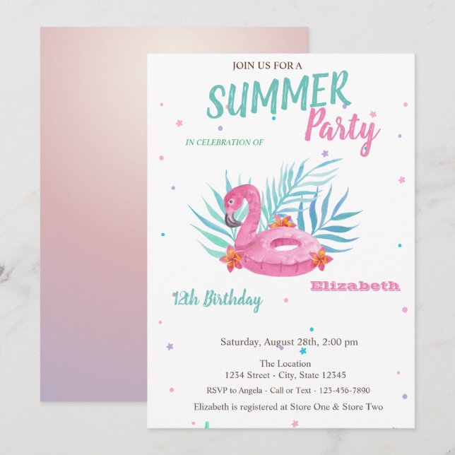 Invitation Flamant rose Flotté été fête d'anniversaire (Devant / Derrière)