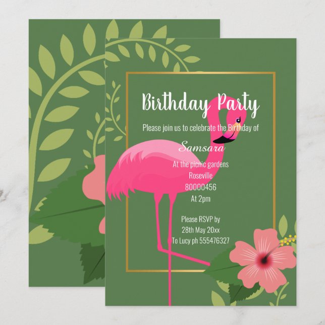 INVITATION FLAMANT ROSE HIBISCUS SAGE OR VERT ANNIVERSAIRE (Devant / Derrière)