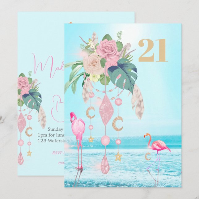 Invitation Flamant rose Jewel Beach Floral 21e anniversaire (Devant / Derrière)