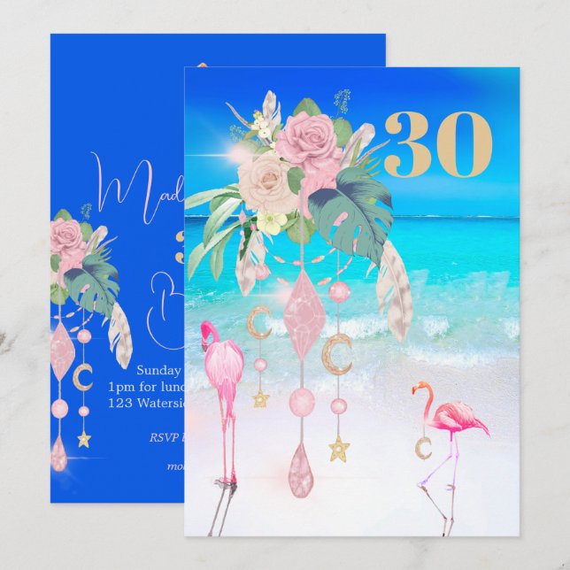 Invitation Flamant rose Jewel Beach Floral 30e anniversaire (Devant / Derrière)