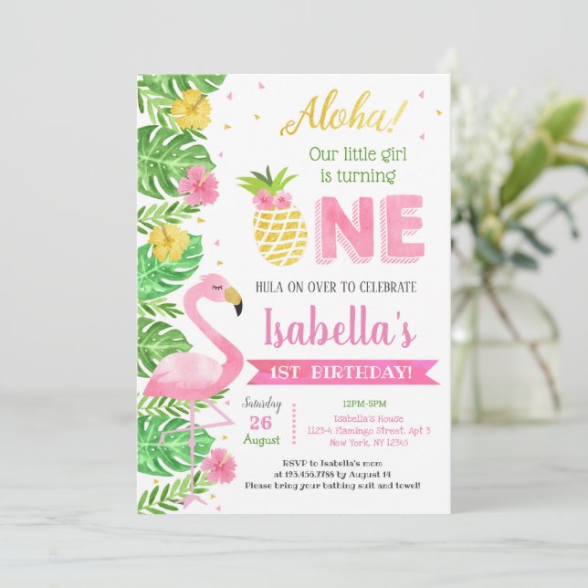 Invitation Flamant rose Luau Tropical 1er anniversaire Invita (Debout devant)