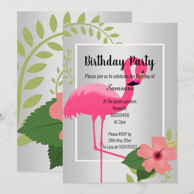 INVITATION FLAMANT ROSE LUMINEUX ARGENT HIBISCUS ANNIVERSAIRE (Devant / Derrière)
