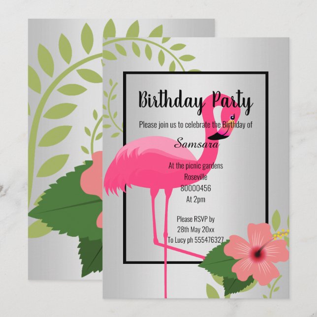INVITATION FLAMANT ROSE LUMINEUX ARGENT HIBISCUS NOIR ANNIVER (Devant / Derrière)
