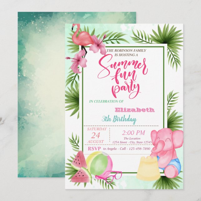 Invitation Flamant rose, Pâque Palm Leaf été Anniversaire (Devant / Derrière)