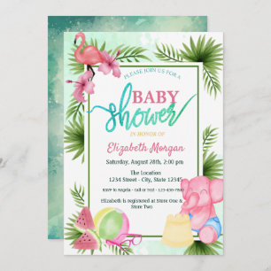 Invitation Flamant rose, Pastèque, Baby shower Elephant Palm