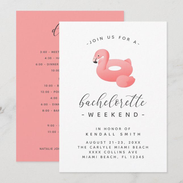 Invitation Flamant rose Pool Float Minimal Bachelorette Week- (Devant / Derrière)