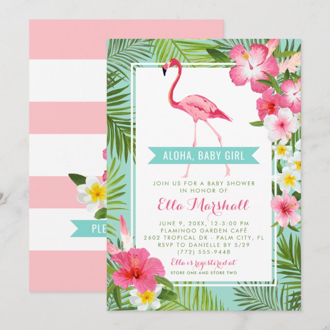Invitation Flamant rose rose Aqua Tropical Aloha Baby shower  (Devant / Derrière)