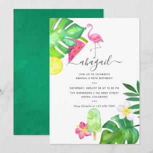 Invitation Flamant rose rose Aquarelle tropicale Anniversaire