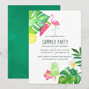 Invitation Flamant rose rose Aquarelle tropicale Anniversaire