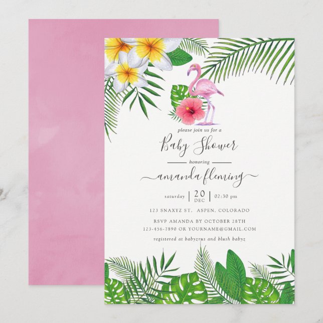Invitation Flamant rose rose Baby shower de fille d'aquarelle (Devant / Derrière)