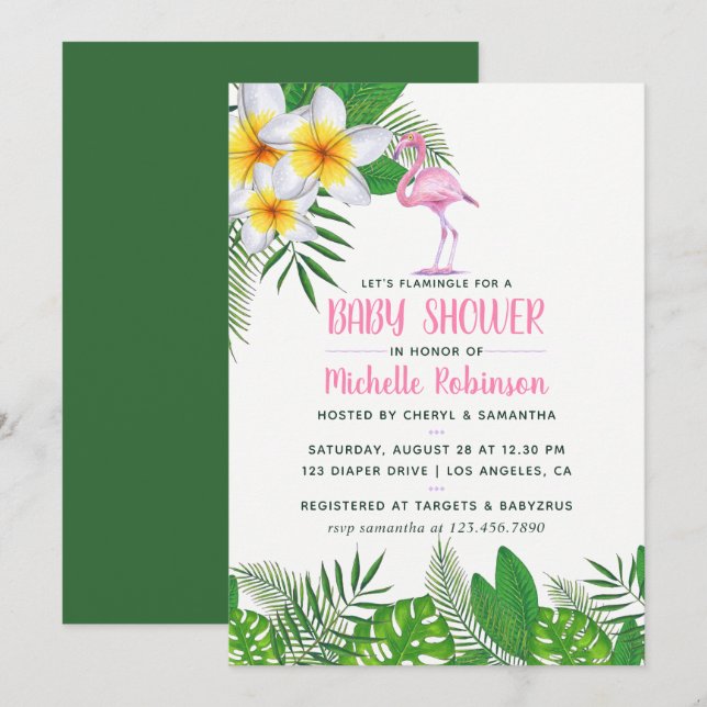 Invitation Flamant rose rose Baby shower de fille d'aquarelle (Devant / Derrière)