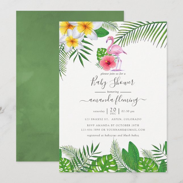 Invitation Flamant rose rose Baby shower de fille d'aquarelle (Devant / Derrière)