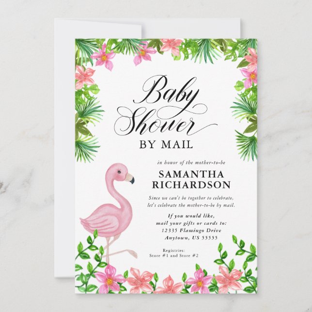 Invitation Flamant rose rose Baby shower de script tropical p (Devant)