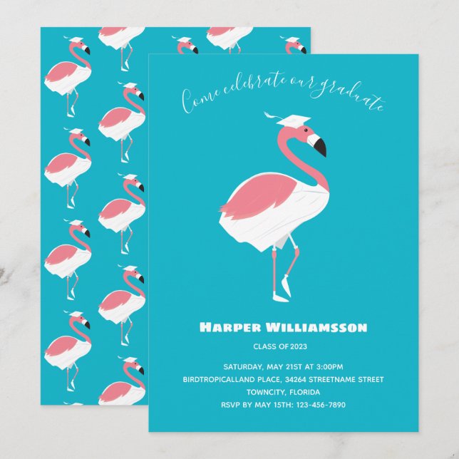 Invitation Flamant rose rose Bleu Animal Graduation (Devant / Derrière)