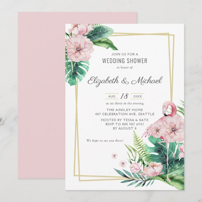 Invitation Flamant rose rose botanique Wedding shower floral (Devant / Derrière)