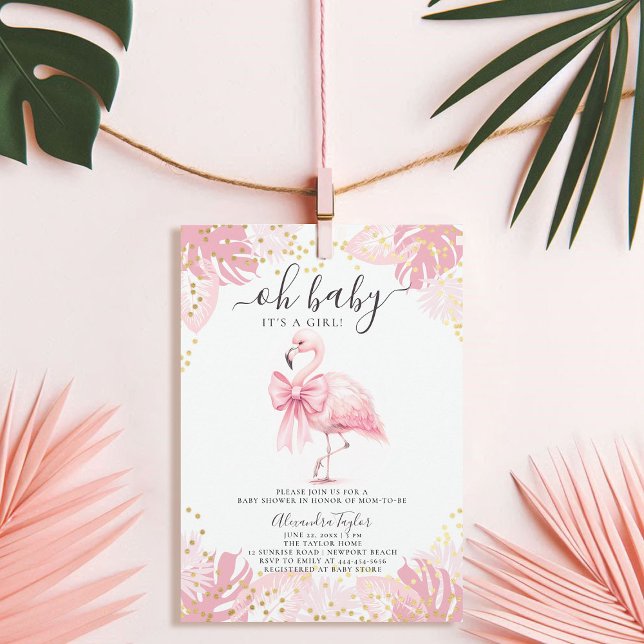 Invitation Flamant rose rose Coquette Baby shower tropical fi (pink flamingo girl baby shower invitation bow coquette watercolor tropical botanical foliage cute)