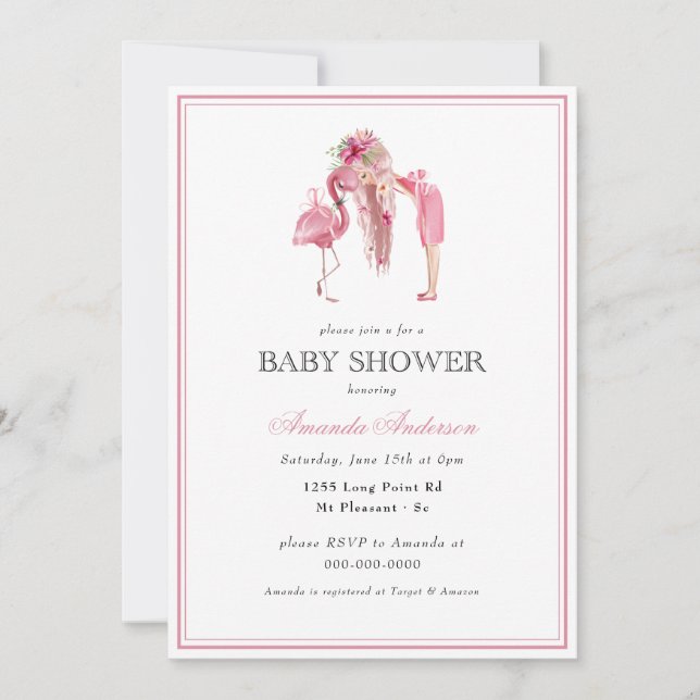 Invitation Flamant rose rose d'été Baby shower moderne fille (Devant)